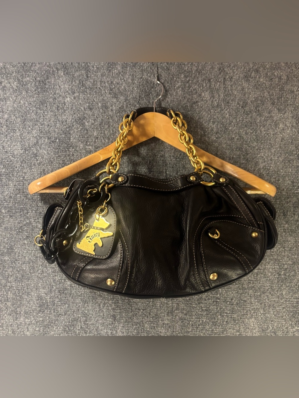 VERY RARE Y2K Juicy Couture Scottie Tag Charm Leather Shoulder Bag Black